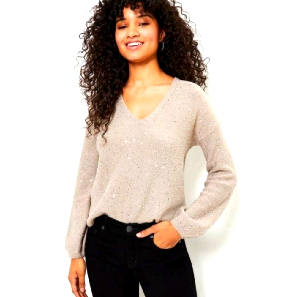 LOFT Sequin V-Neck Sweater Taupe / Sand Color Gold Sequins Sz Small